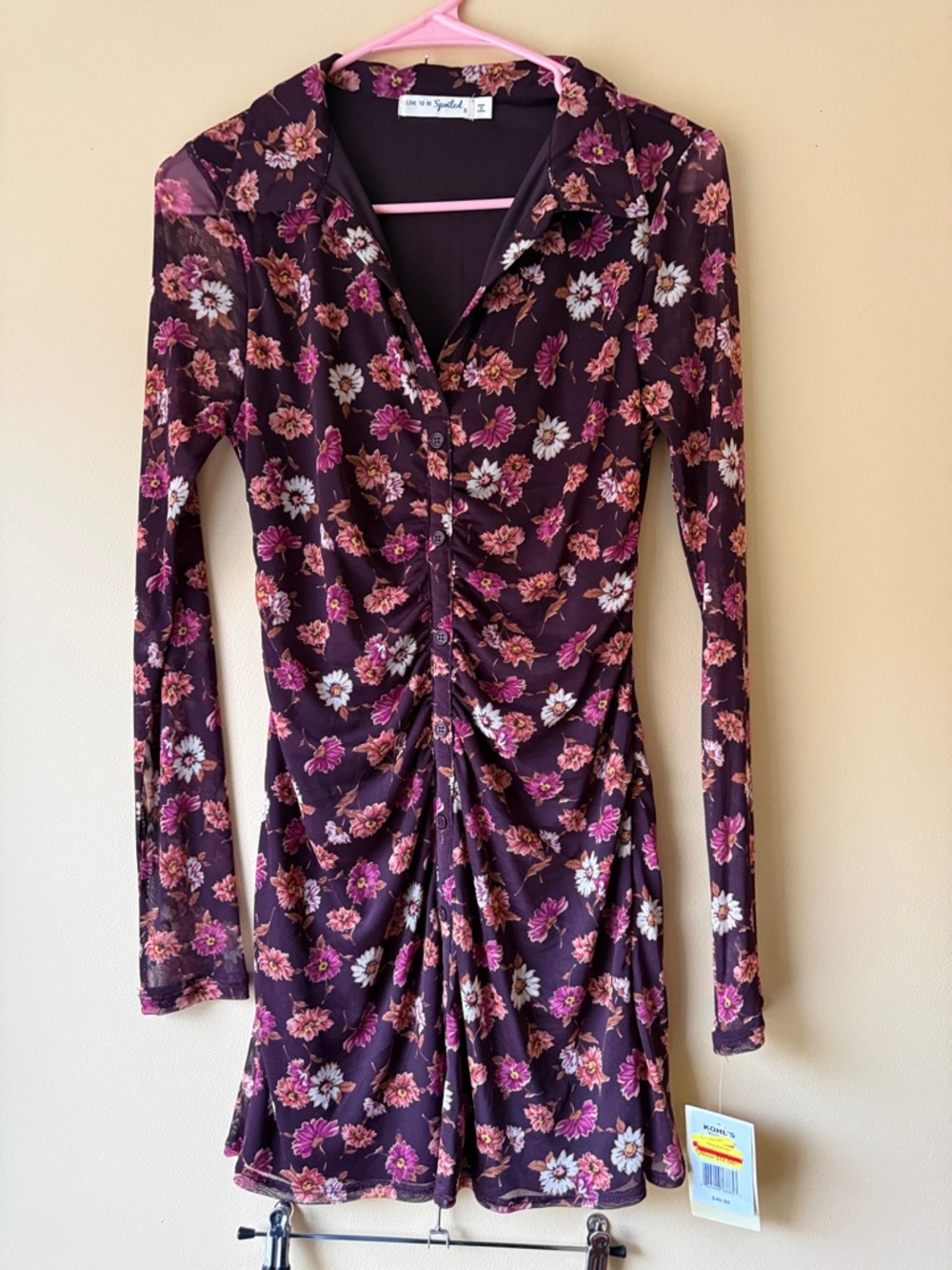 Plum Floral Ruched V-Neck Long Sleeve Mini Dress
